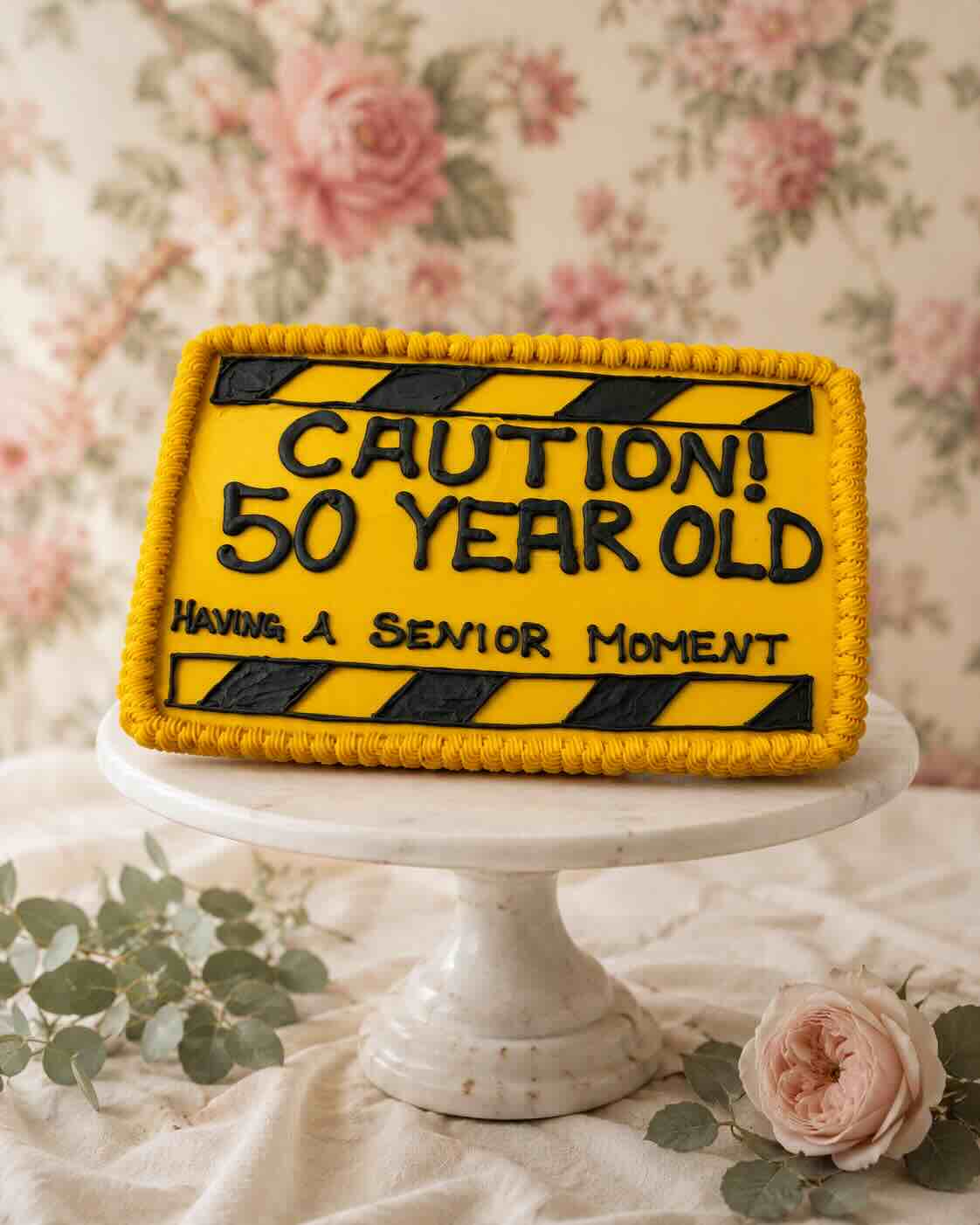 Funny 50th birthday sheet cake with a yellow-and-black caution-sign design, SweetScape Bakery in Scottsdale