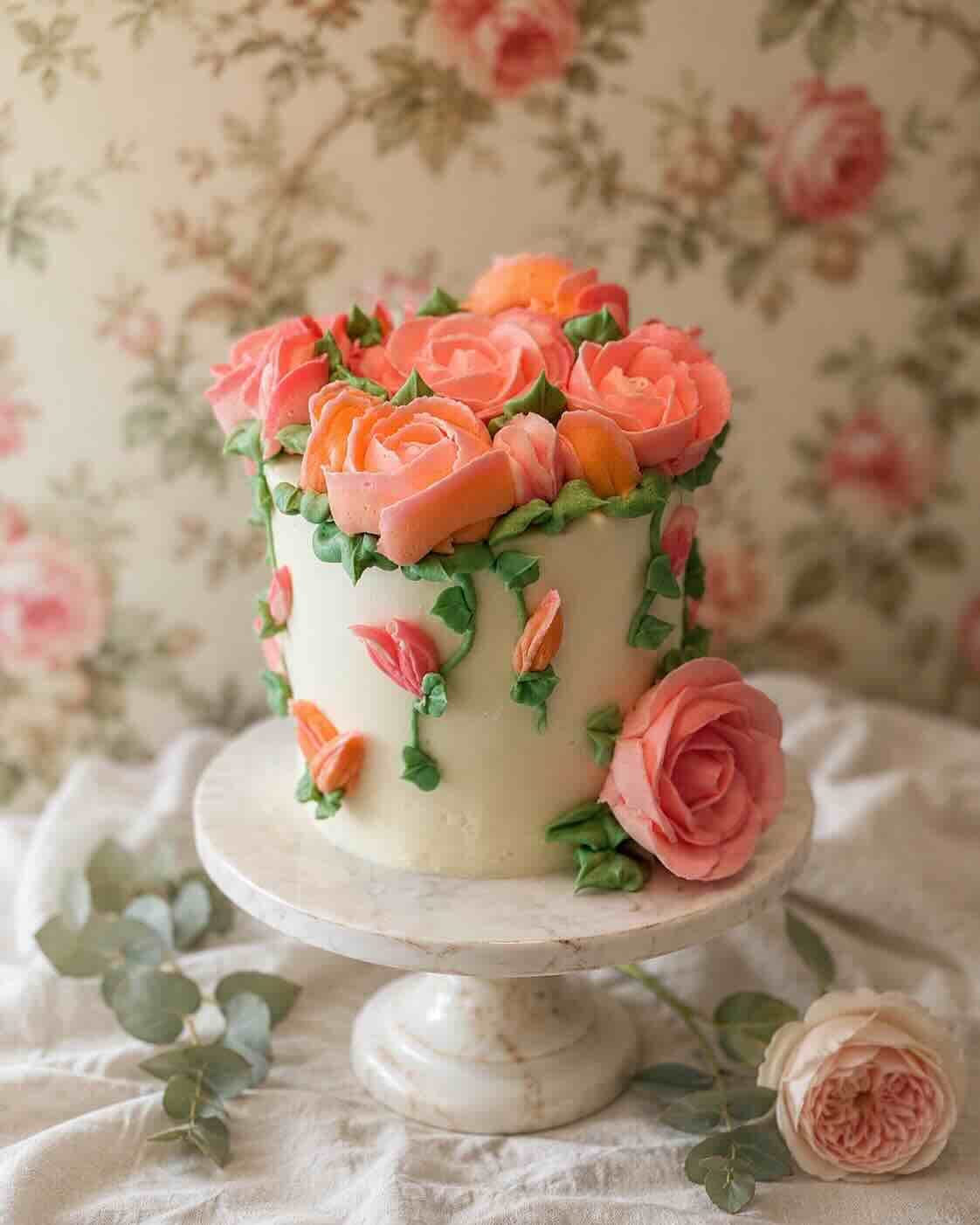 Buttercream anniversary cake covered in coral and pink sugar roses, Scottsdale