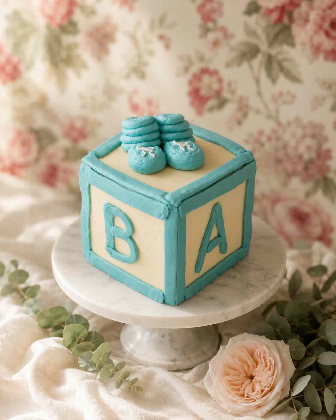 Baby block shower cake in soft blue with a booties topper, SweetScape Bakery