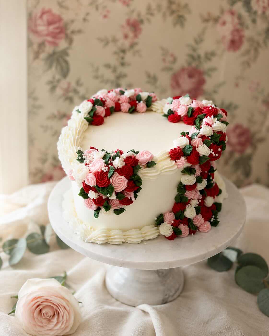 Heart-shaped white buttercream cake edged with piped red, pink and white roses and green leaves, SweetScape Bakery in Scottsdale