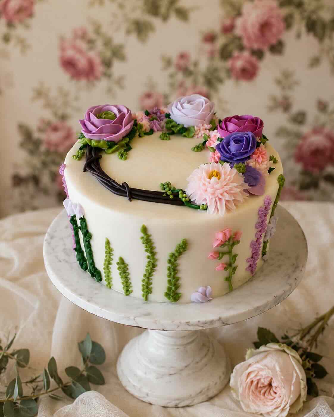 Bridal shower cake with hand-piped buttercream roses, dahlias and a garden-vine wreath, SweetScape Bakery in Scottsdale