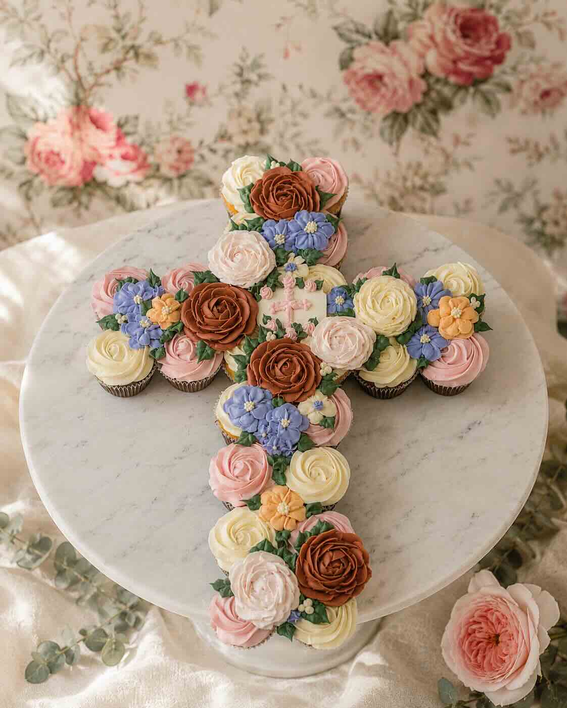 Cross-shaped pull-apart cupcake cake covered in buttercream roses and flowers, Scottsdale
