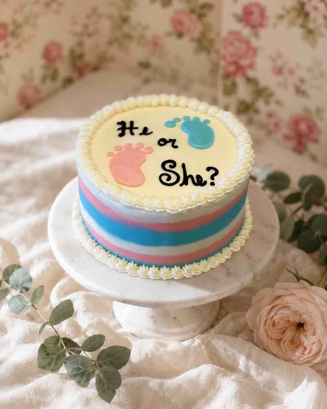 He or She gender reveal cake with pink and blue baby footprints and striped sides, Scottsdale