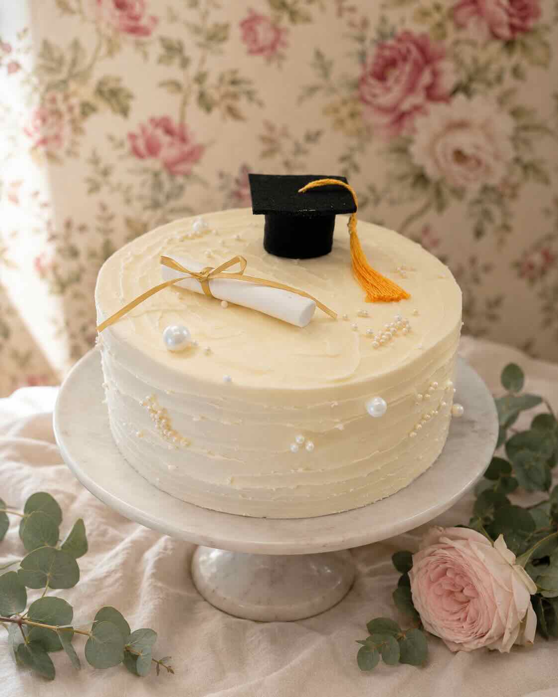 Ivory buttercream graduation cake with a black cap, gold tassel, and diploma topper, Scottsdale