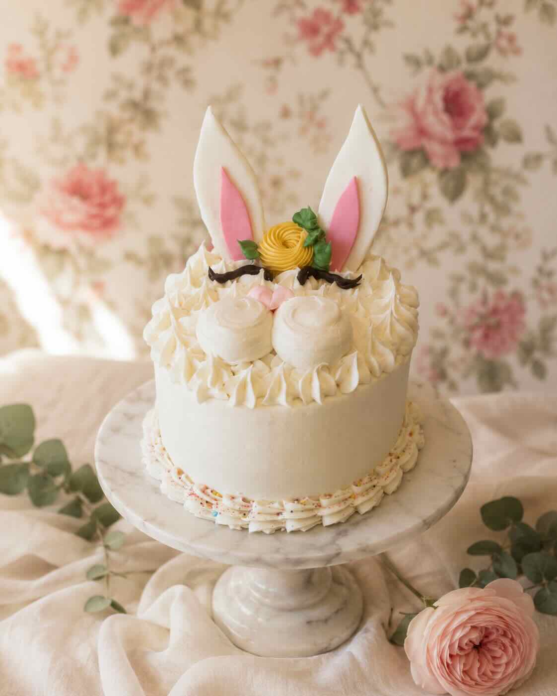 Easter bunny cake in ivory buttercream with fondant ears and a piped face, Scottsdale