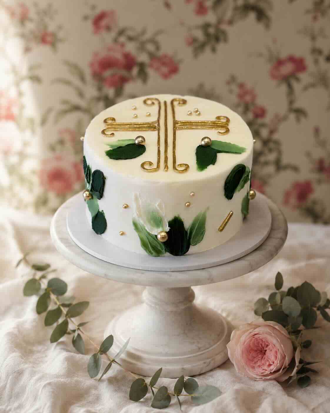 White religious cake with a gold cross and hand-painted greenery for a baptism or communion, Scottsdale