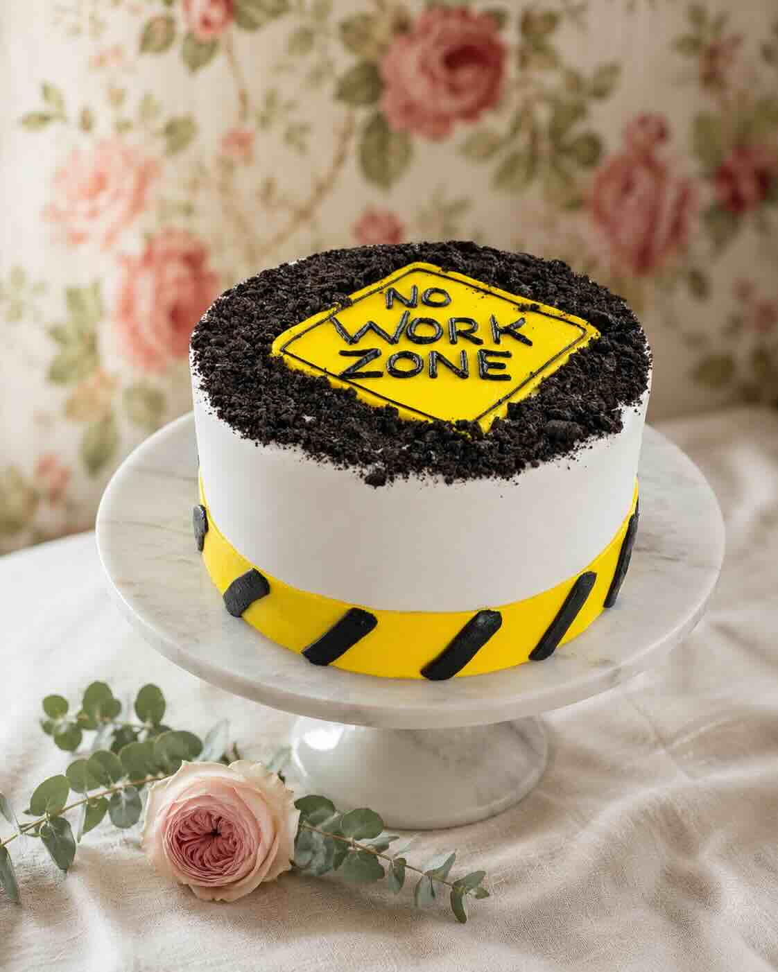 White buttercream retirement cake with a yellow No Work Zone sign and chocolate-crumb top, Scottsdale