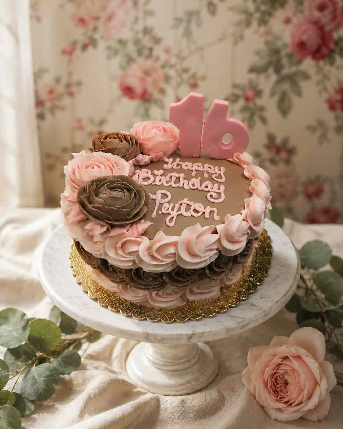 Sweet 16 cake with pink and chocolate buttercream roses and a pink 16 topper, Scottsdale