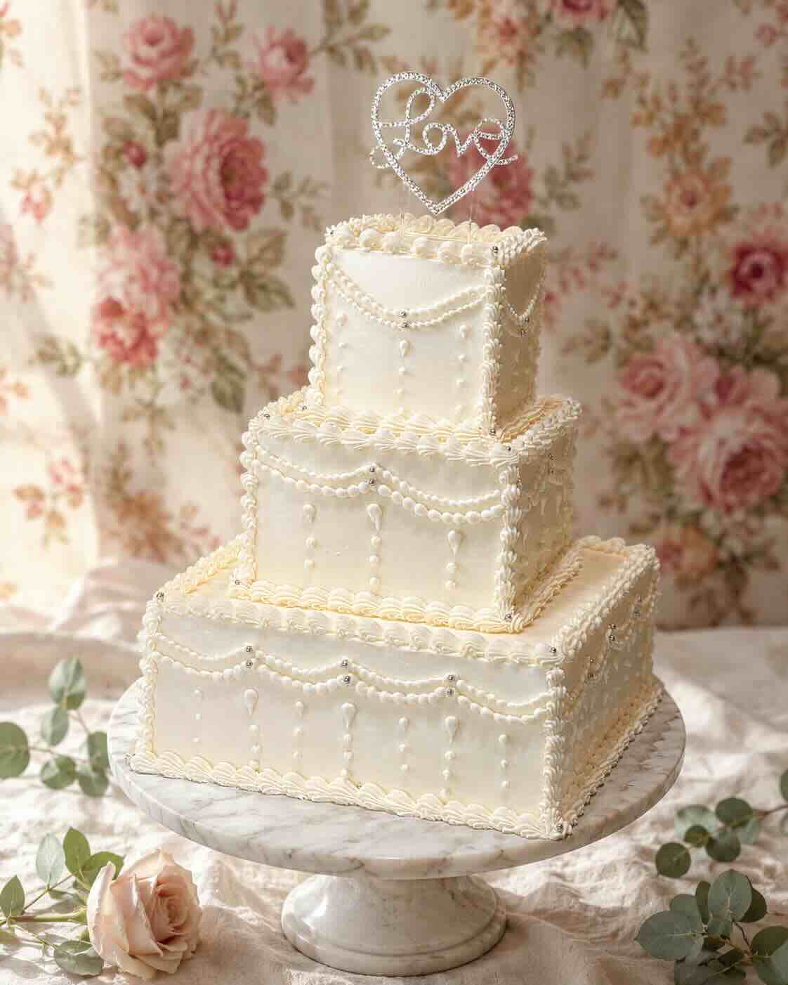 Three-tier ivory square wedding cake with piped pearl swags and a crystal Love topper, Scottsdale
