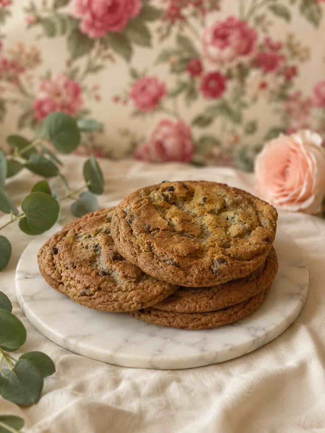 Stack of golden chocolate chip cookies on a marble board, SweetScape Bakery in Scottsdale