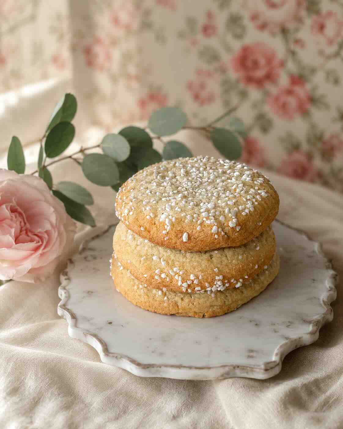 Stack of lemon cookies topped with pearl sugar on a marble plate with a blush rose, SweetScape Bakery in Scottsdale