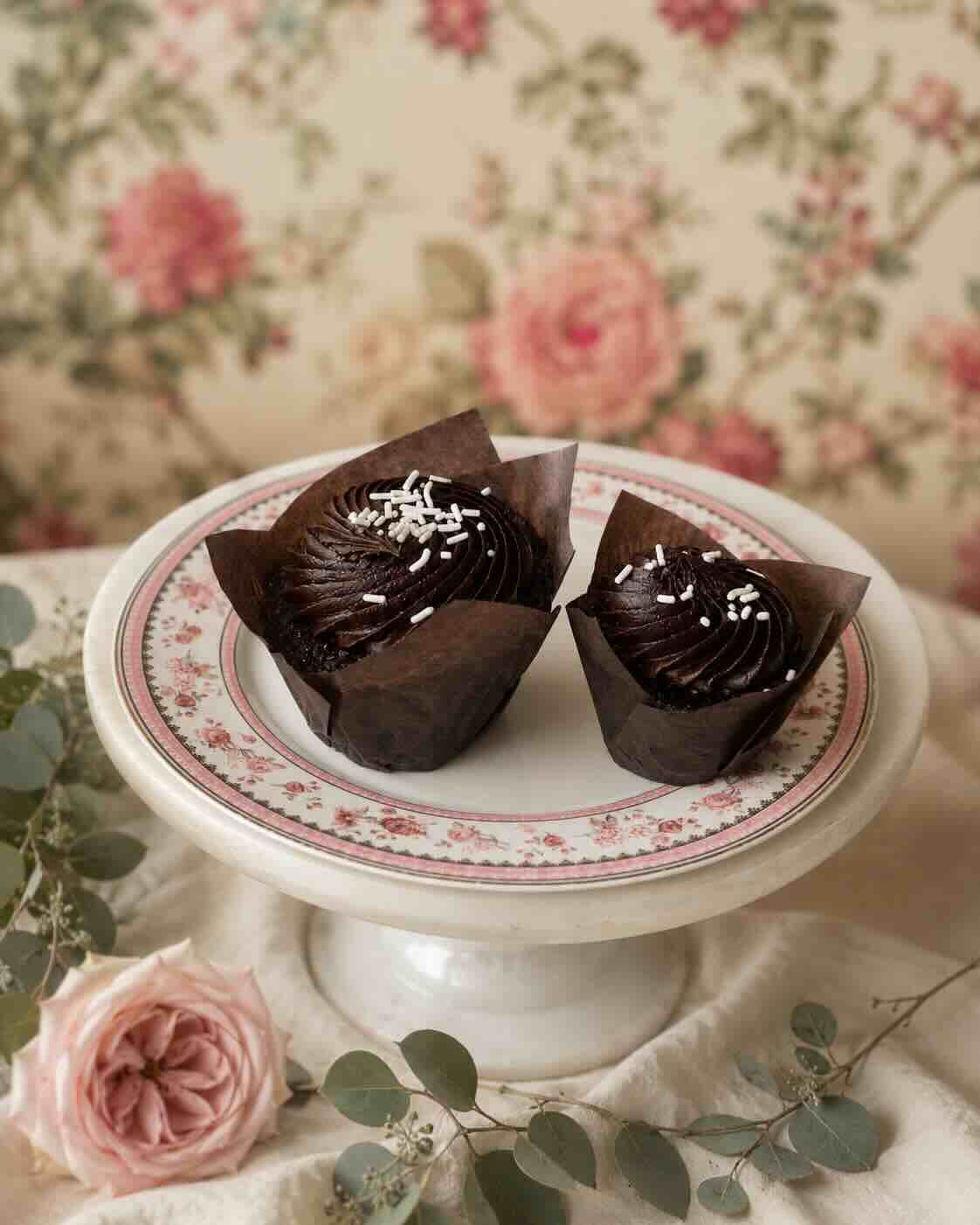 Chocolate cupcakes with piped espresso buttercream and white sprinkles on a floral plate, SweetScape Bakery in Scottsdale