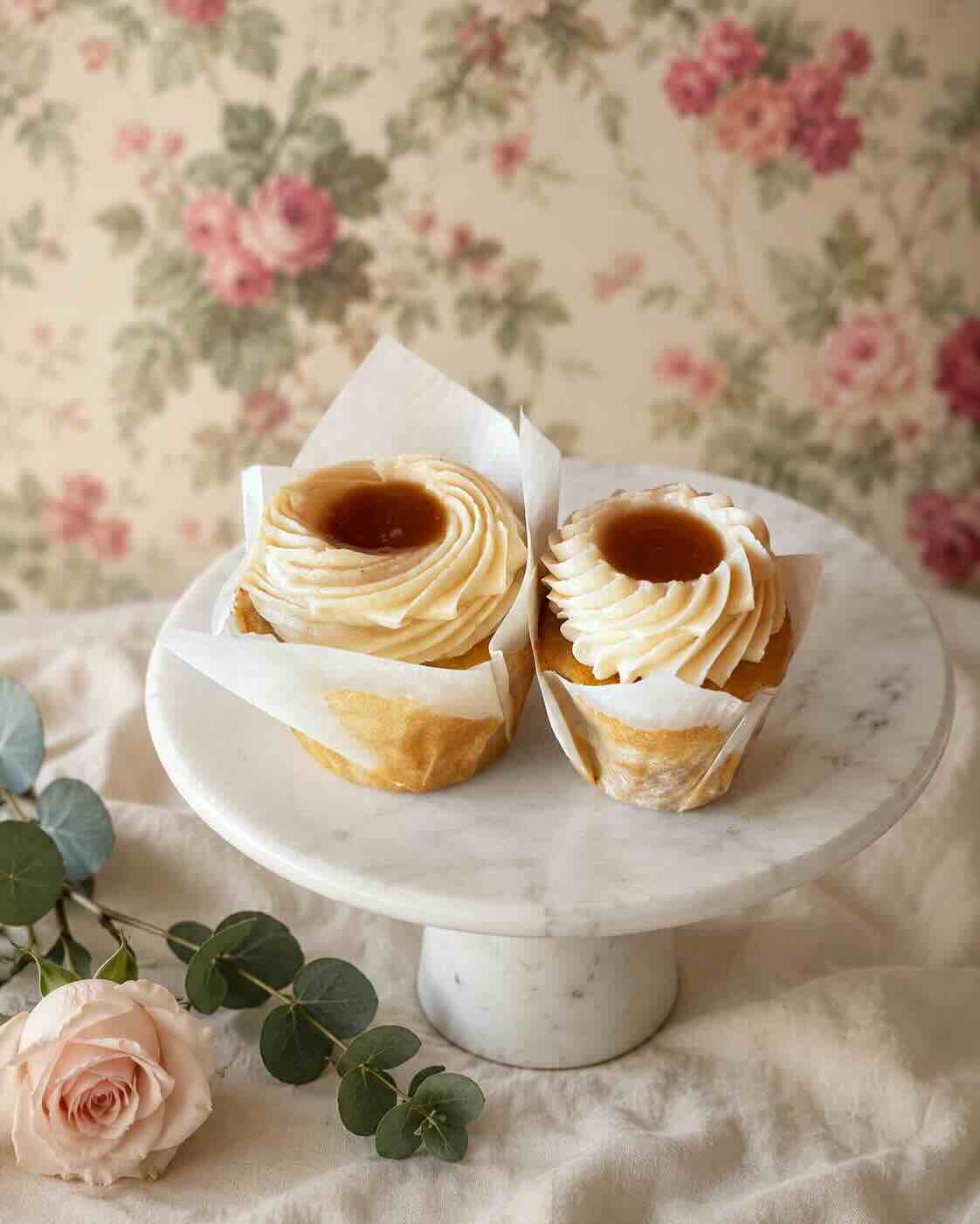 Vanilla cupcakes with piped buttercream and a salted caramel center on a marble stand, SweetScape Bakery in Scottsdale