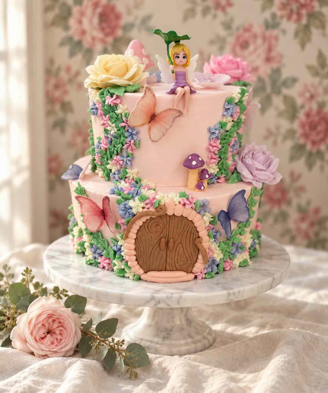 Two-tier pink fairy garden kids birthday cake with a fairy topper, piped buttercream flower vines, wafer-paper butterflies, sugar roses, fondant toadstools and a wood-grain fairy door, SweetScape Bakery in Scottsdale