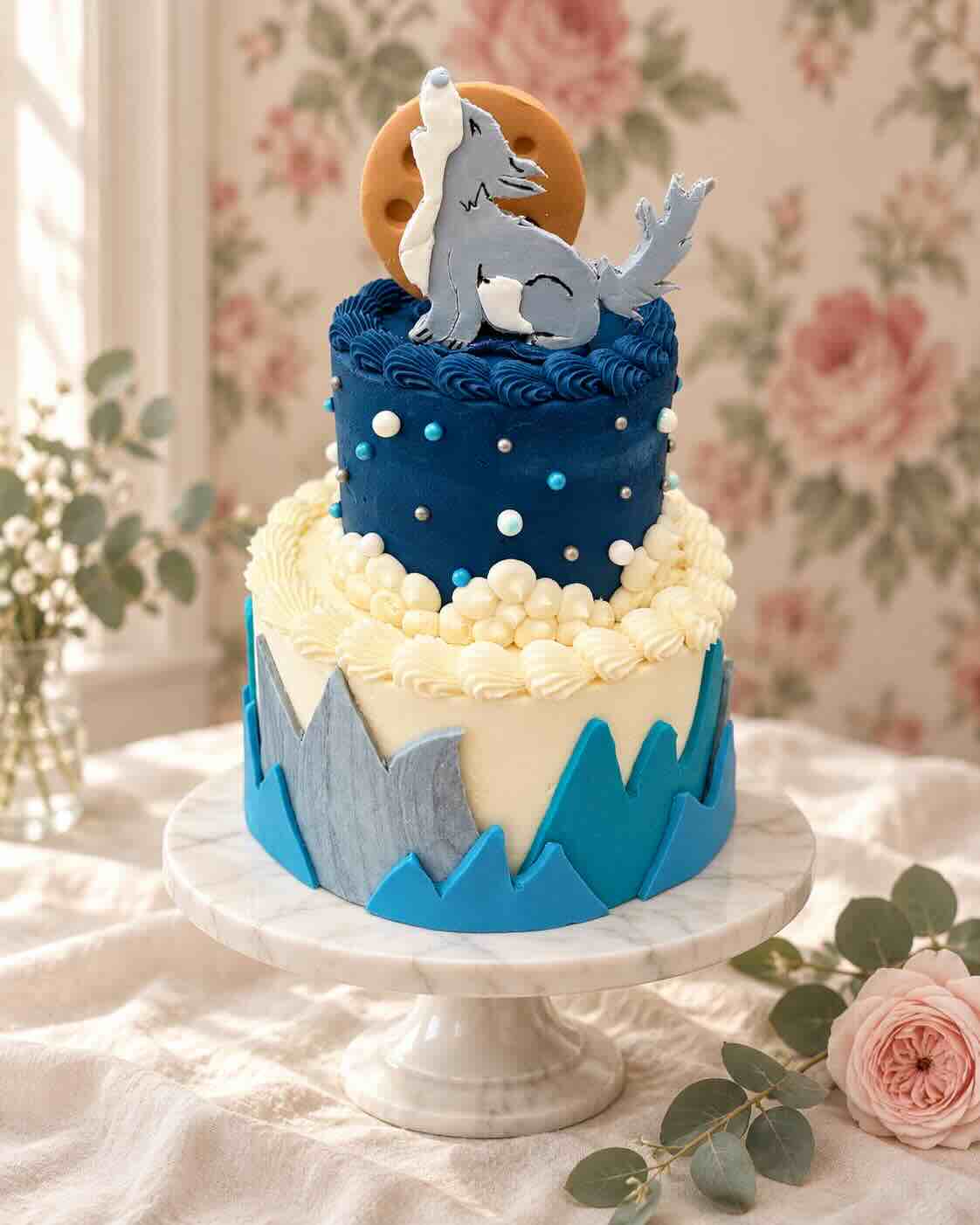 Two-tier howling wolf novelty cake with a navy top tier, sugar-pearl night sky, ivory buttercream ruffles and blue fondant mountain peaks, topped with a grey wolf howling at a gold moon, SweetScape Bakery in Scottsdale