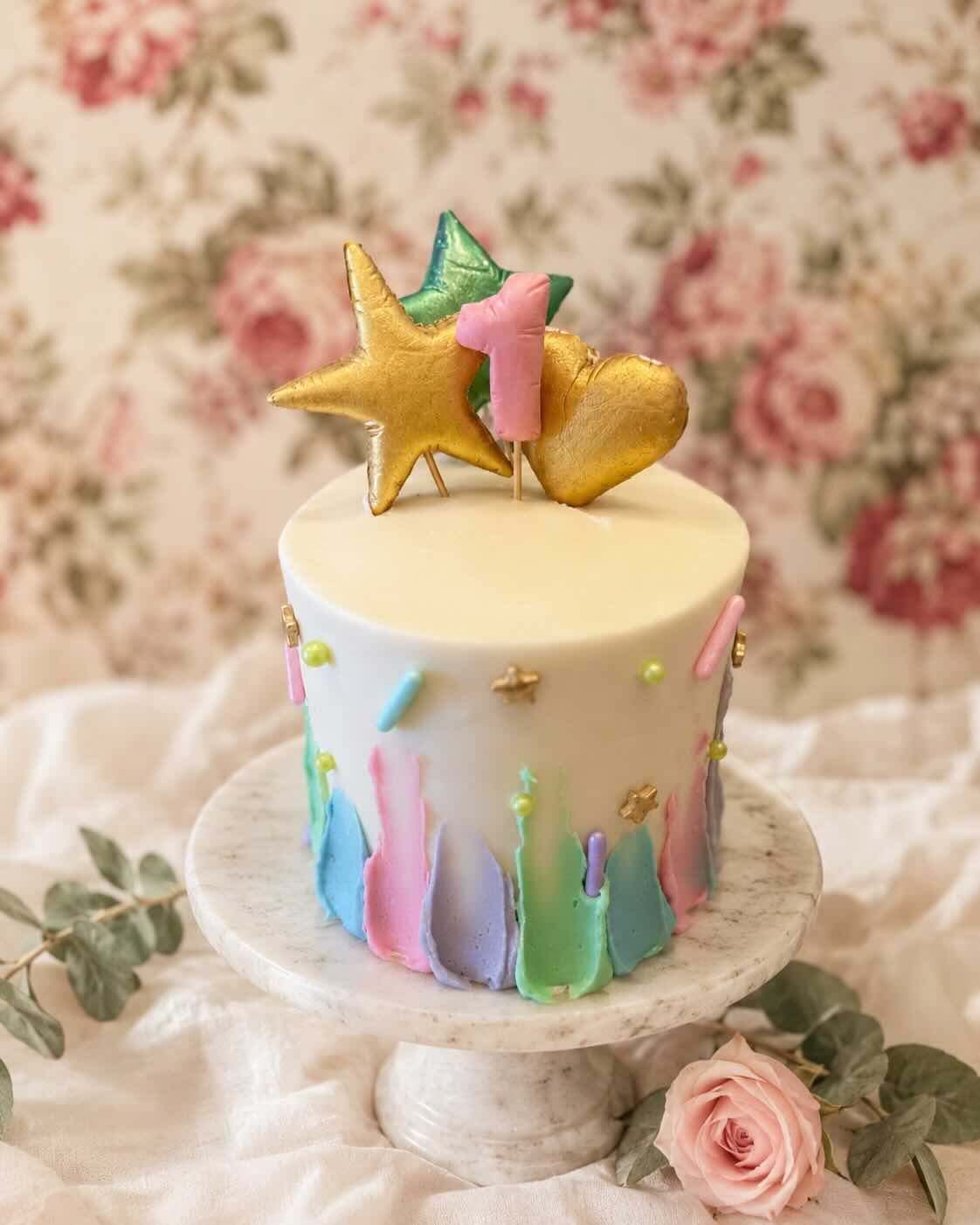 Pastel first-birthday smash cake with painted buttercream and gold star, heart and number-one toppers, Scottsdale