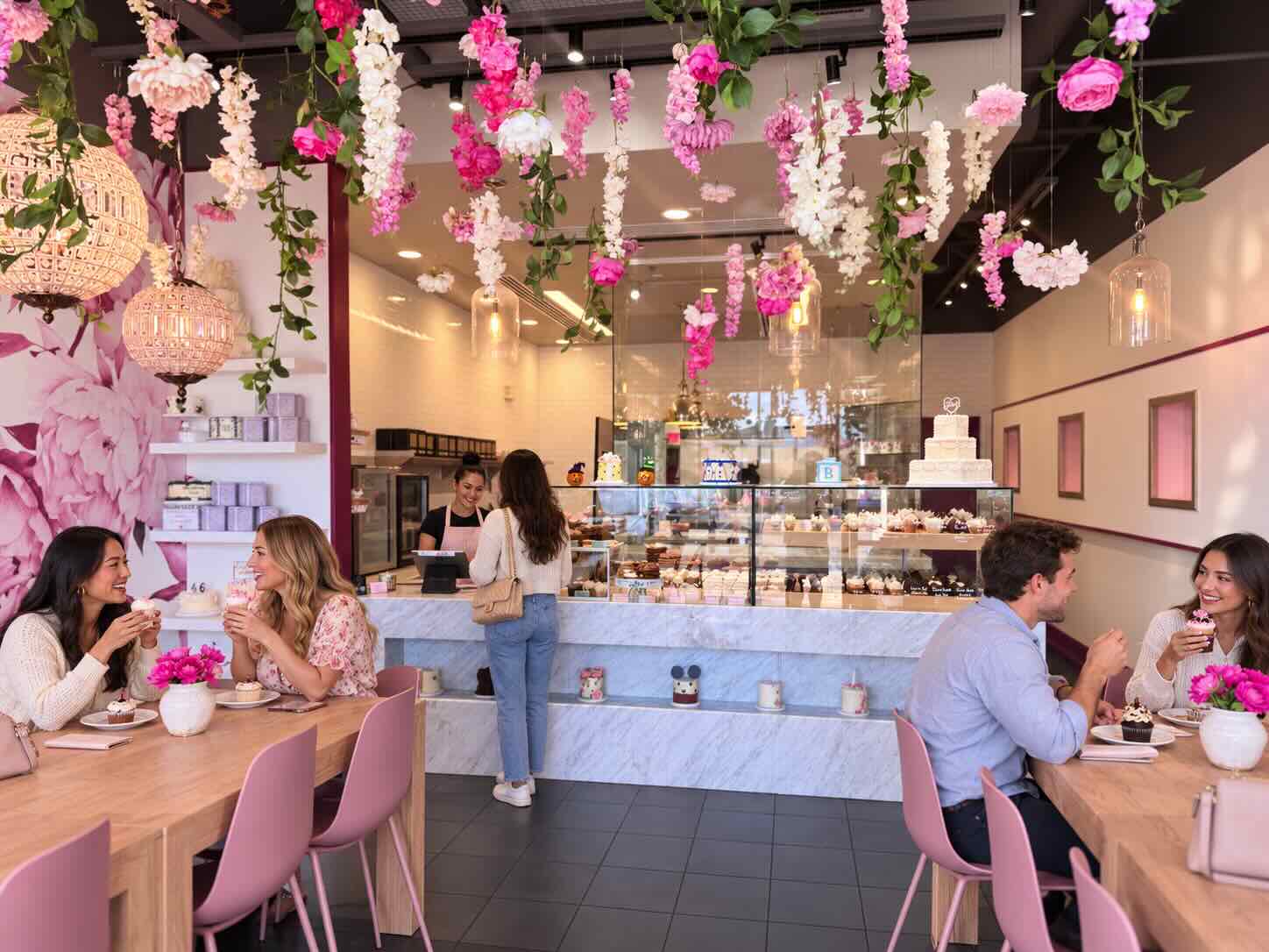 Guests enjoying cupcakes at SweetScape Bakery in Scottsdale, under hanging pink and white flowers beside the marble counter and pastry case